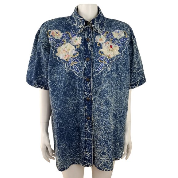 Pret Tops - Vintage Pret Blue Acid Wash Embellished Short Sleeve Button Front Shirt